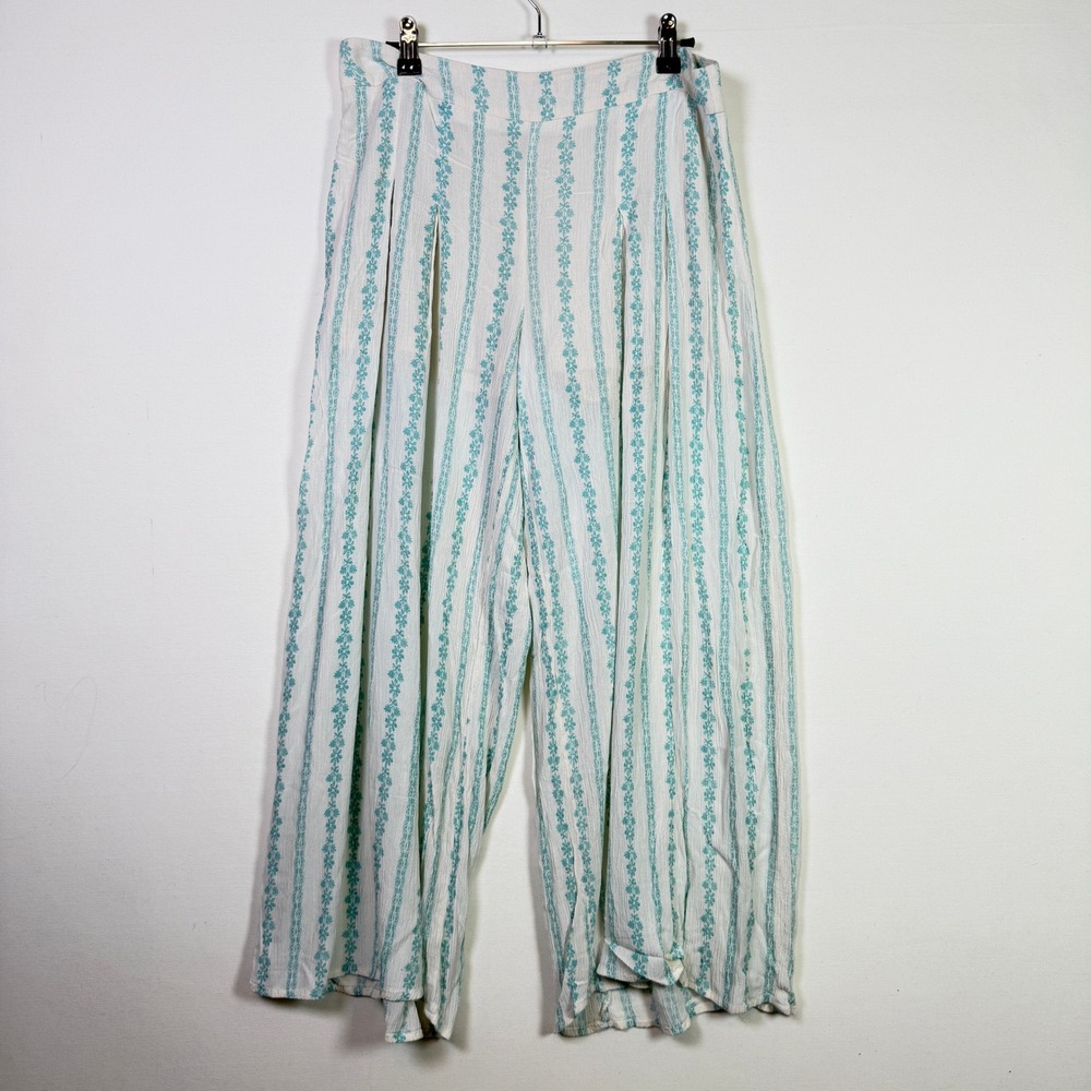 EN CREME Ivory Teal Floral Stripe Wide Leg Pleated Gauze Pants‎ Large